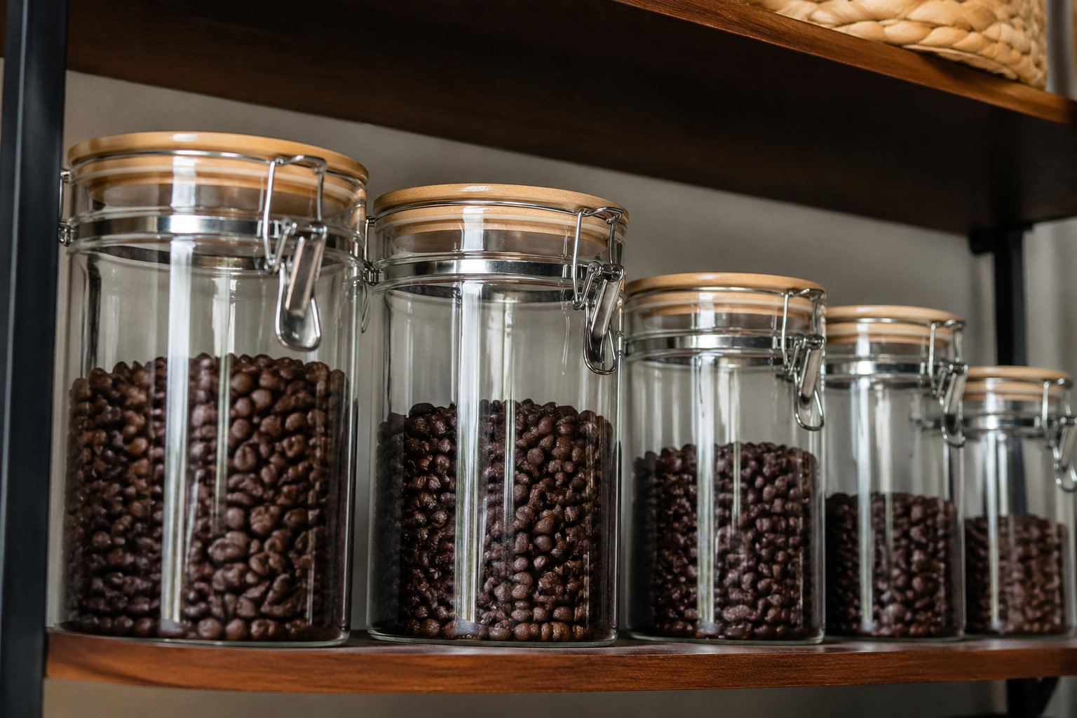 Coffee storage containers and beans for a daily kitchen coffee setup