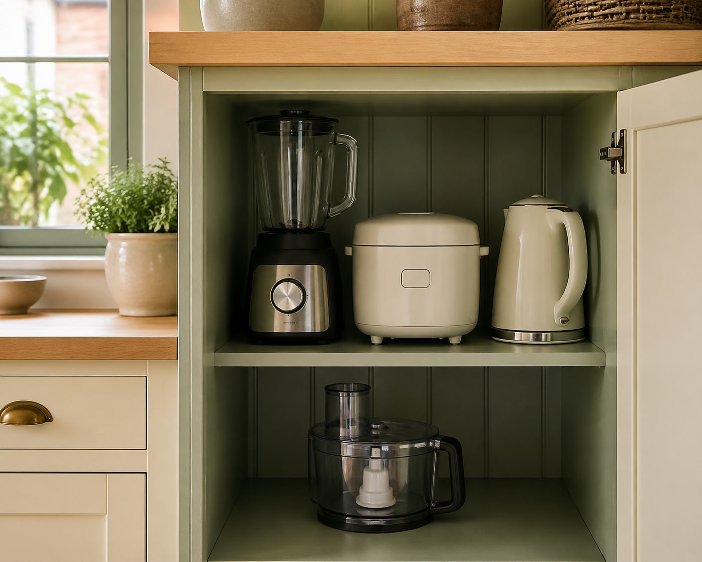 Kitchen storage shelves with appliance records being organised nearby