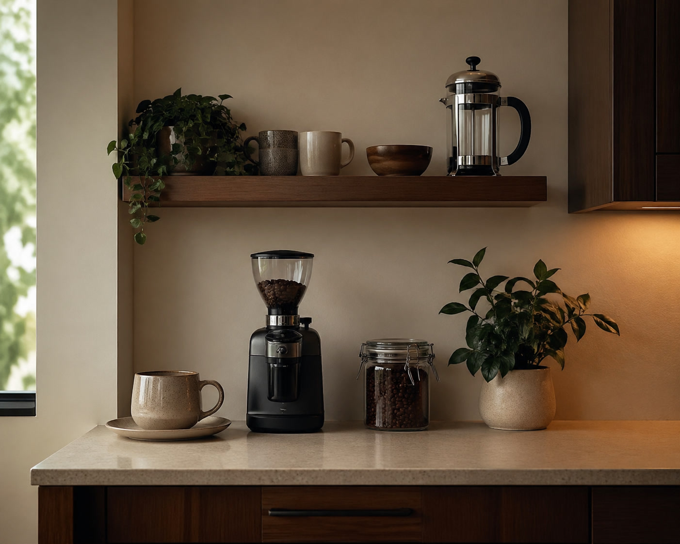 Small kitchen coffee corner with household account notes nearby