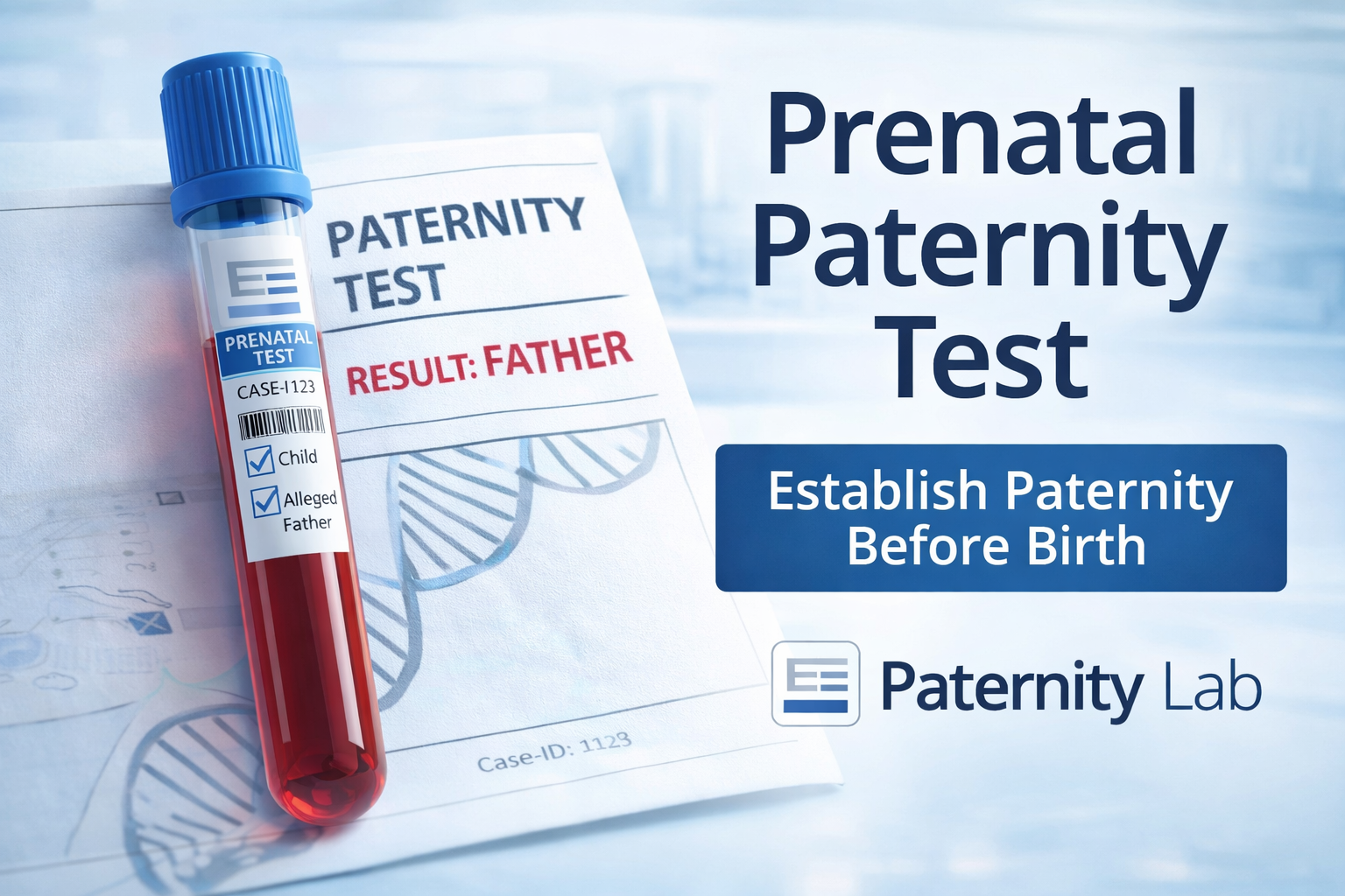 A calm, clinical lab setting representing prenatal paternity testing and clear decision-making.