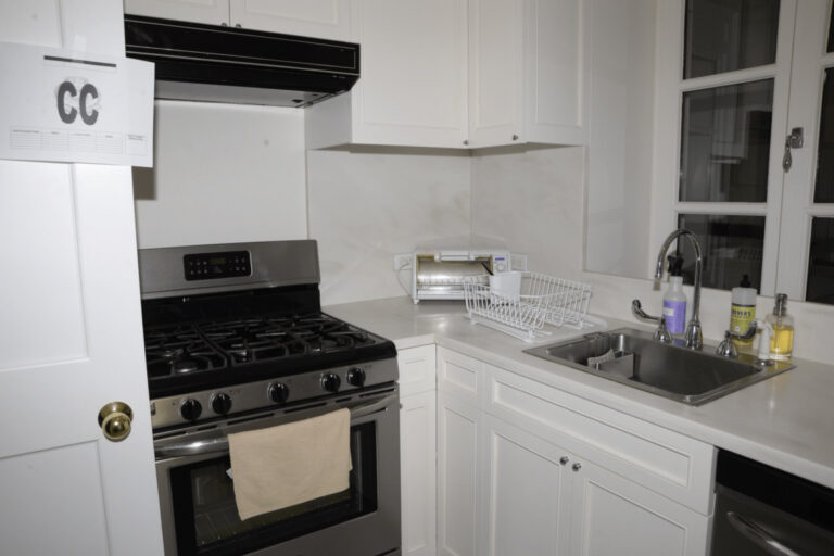 EFTA00000303 - Modern kitchen with white cabinets stainless steel appliances and a sink area equipped with dish soap and a drying rack for sink caddy and dish drying rack buying guide
